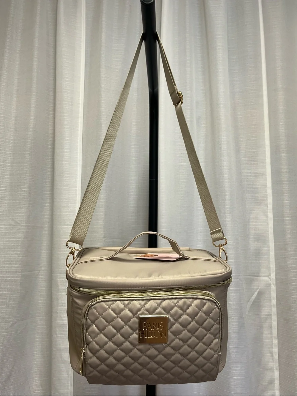 Paris Hilton quilted taupe travel cosmetic case